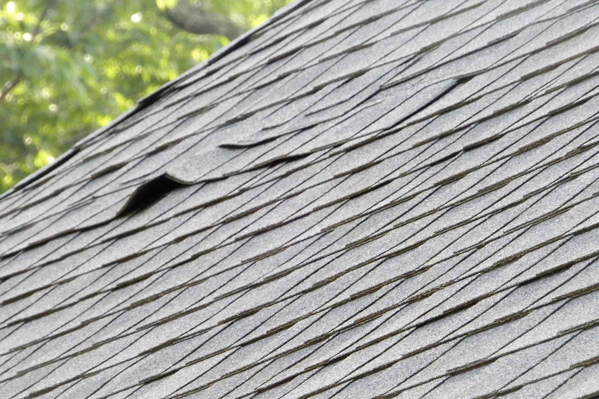 Close-up of a grey shingle roof displaying minor shingle damage and a lifted edge.